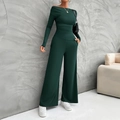 Women's dark green two-piece set with long sleeve off-shoulder top and wide leg pants - S / Dark Green