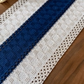 Striped navy and beige woven cotton placemat with elegant openwork lace edges - Dark Blue