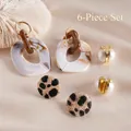 Set de 6 pendientes bohemios con resina ámbar, broches de leopardo y detalles de perlas - Perno de plata-Blanco