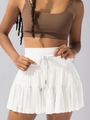 Women's brown sports bra and high-waist white mesh pleated mini skirt with drawstring - S / White