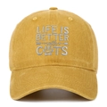 Close-up of yellow washed cotton baseball cap featuring Life Is Better with Cats embroidery - Yellow