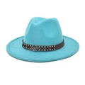 Detailed view of the turquoise wool fedora with a studded brown leather hat band decoration - M(56-58cm) / Lake Blue