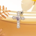 Silver stainless steel cross stud earrings with purple heart zircon and pavé crystals - Purple (A233-3)