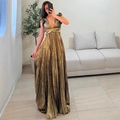 Abito lungo a pieghe bronzo metallizzato con schiena scoperta e profondo scollo a V - S / Oro