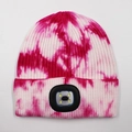 Pink and white tie-dye knitted beanie featuring an integrated LED headlamp module - 4-LED Style / Heather Pink
