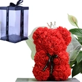Red artificial PE rose bear with silver crown and veil in a transparent gift box - 23CM Wedding Dress Bear+Box+Light / Red