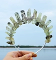 Boho crystal tiara headband with natural green stones and silver moon crescent - Green Grape