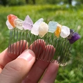 Handmade silver hair comb featuring mixed natural raw crystals like amethyst and quartz - Multicolor Chakra Crystal Silver Comb