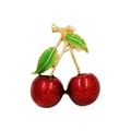 Detailed view of red cherry brooch with green enamel leaves and golden alloy stem - Glossy Red Cherry-XD8314-1