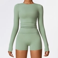Women's sage green brushed yoga set with high-stretch long sleeve top and biker shorts - Basil Green