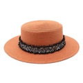 Detail of caramel boater straw hat featuring tweed fringe band and metal M ornament - M (56-58cm) / Caramel color