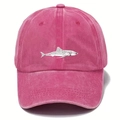 Close-up of pink washed cotton baseball cap with detailed shark embroidery on the front - One Size / Rose Red