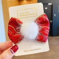 New Year red bow hair clip with white pompom and gold-edged ribbon for girls - Style 11: Simple Gold Embroidered Bow Clip