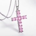 Pink zircon square-cut cross pendant with silver metal chain necklace for women and men - Pink Cross (SE3596-3) / Pink (SE3596-3)