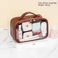 Brown large PVC makeup bag with transparent window and top handle, size 24x15.5x10cm - Brown Handbag Large