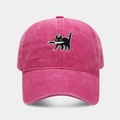 Macro detail of cartoon cat embroidery on pink washed cotton baseball cap with distressed finish - Adjustable / Rose Red