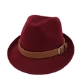 Detail of burgundy wool fedora hat featuring a brown faux leather belt and silver buckle - M (56-58cm) / Burgundy