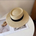 Macro detail of natural straw weave texture with black ribbon on a sun hat - 55-58cm Adjustable / Beige with Black Ribbon