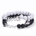 White turquoise and volcanic stone couple bracelets with magnetic heart and custom name plate - Couple Bracelet Style 1 (Black Lava & White Marble)