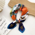 Elegant square neck scarf featuring orange and navy horse patterns and silk texture - 70cm / Orange Equestrian Carriage