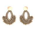 Close-up of bohemian fan-shaped beaded earrings with brown thread weave and golden studs - Champagne