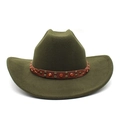Chapeau de cowboy en laine vert foncé avec bande en cuir tressé et pierres d'ambre décoratives - M (56-58cm) / Vert Militaire
