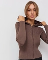 Detail of a brown ribbed knit hoodie featuring a sleek gold zipper and slim fit texture - S / Coffee