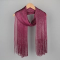 Deep burgundy shimmering metallic yarn scarf with elegant tassels on a wooden hanger - Deep Purple Silver