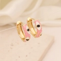 Macro view of 18K gold evil eye earrings with pink enamel and polished finish - Pink