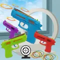Set of 4 colorful rapid-fire rubber band toy guns with targets in blue, purple, red, and green - Semi-auto Rubber Band Gun