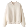 Detail of cream bomber jacket with ribbed collar, metal zipper, and XS size tag - Apricot Top