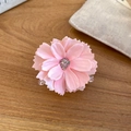 Close-up of pink fabric flower hair claw clip with crystal center on wooden background - Ethereal Holiday Style Pink Flower Claw (79#) / Single Piece / Pink