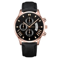 Men's fashion quartz watch with black leather strap and rose gold case showing date - Black Dial Rose Gold Hands Rose Gold Case