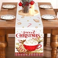 Kersttafelloper met peperkoek en mokken op een witte houten achtergrond voor de eetkamer - 181x35.5cm / Koffie Kerstboom Koekje