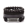 Detail view of black layered leather bracelet with faith engraved metal plate and beads - L14-Black Matte Agate Faith Plate Set