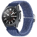 Detailed view of adjustable blue nylon braided solo loop band with metal buckle for smartwatch - Blue and White