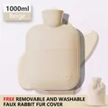 Beige 1000ml hot water bottle with anti-slip texture and white plush fleece cover - Off-white Water Bag + Faux Rabbit Fur Cover / 500ml (Small)