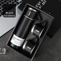 Business gift set with 500ml vacuum stainless steel flask and two drinking cups - Steel Cap Set - Black / 500ml