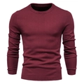 Close-up of wine red knitted sweater showing fine texture and crew neck detail - Crew Neck Wine Red