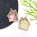 Pink and green enamel house charm with gold plating for DIY jewelry making - Drip Oil Pink Mushroom Flower House