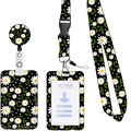 Retractable ID badge holder and lanyard set featuring white daisy floral prints - Green Leaf Daisy
