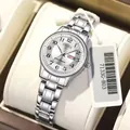 Minimalist silver quartz watch for women featuring stainless steel strap and dual calendar - Arabic Numerals Silver White Dial