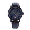 Detail of mechanical watch featuring black leather strap and skeleton dial with blue numerals - Black Case Black Dial Blue Numeral Hollow