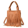Brown leather tassel crossbody bag with woven handle and golden metallic hardware - Yellow