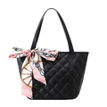 Classic black quilted leather tote bag with elegant pink floral silk scarf detail - Black