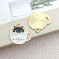 DIY black cat in white coffee cup alloy enamel pendant with gold back texture - White Teacup Black Cat 20x19mm