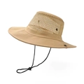 Detail of khaki sun hat featuring breathable large mesh crown and adjustable windproof cord - One Size(58cm) / Beige