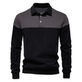 Close-up of polo neck detail on a gray and black long sleeve sweatshirt with buttons - Dark Gray