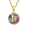 18K gold plated necklace with circular letter B pendant and colorful shell inlay - Gold B