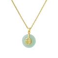 Macro detail of gold clover necklace with green jade pendant and Fu character - Light Green Jade-Look Ping An Kou with Fu Character Style (G10504649G-2)